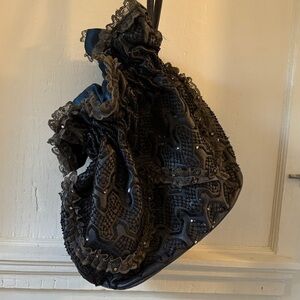 Vintage Jovovich-Hawk Black Lace and Navy Leather Bag
